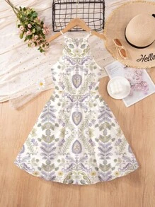 Teens Girls Casual Minimalist Vintage Bohemian Floral Print Cami Dress, Suitable For Summer