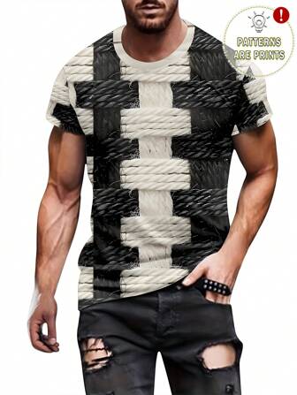 Manfinity LEGND Men's Cord Print Round Neck Short Sleeve Casual Versatile T-Shirt, 2000s Style