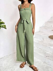 SHEIN PETITE Bộ đồ liền thân ống rộng buộc eo màu trơn dành cho nữ, Trang phục mùa hè, Kỳ nghỉ, Xanh lá cây xô thơm, Bộ đồ liền thân có cổ bẻ và thắt eo. Quần ống rộng - màu xanh lá - Xem 6