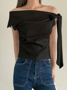 DAZY Women's Summer Casual Solid Color Off-Shoulder Tie Neck T-Shirt - Black - View 4