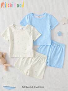 4pcs/Set Toddler/Infant Boys' Simple Stylish White & Blue Combo Round Neck Short Sleeve & Shorts Casual Homewear, Summer - Multicolor - View 5