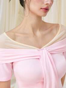 SHEIN MOD 粉色系带长袖修身 T 恤上衣 - 粉色 - 查看 8