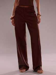 SHEIN BAE 女式休闲纯色直筒裤 - 鏽棕色 - 查看 5