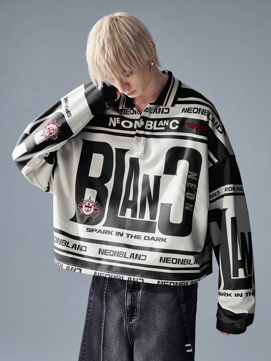 NEON BLANC Men's Fashion Streetwear Long Sleeve Printed Polo T-Shirt, Fall - Black and White - View 1
