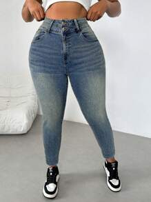 Firerie Plus Size Blue Stretch Skinny Cropped Denim Jeans - Dark Wash - View 6