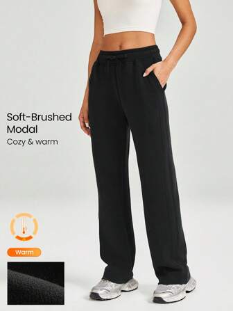 GLOWMODE 30'' Modal Fleece Gerade Bein Hose mit verstellbarer Kordelzug Taille und Seitentaschen, Alltags Lässig