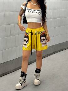 StreetHx Women's Skull Print Drawstring Shorts - Yellow - View 4