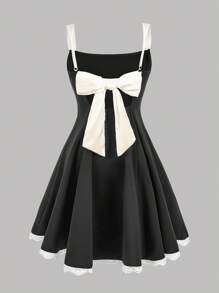 青少年女孩休闲优雅法式时尚方领褶饰花卉边无袖露背蝴蝶结腰连衣裙 - 黑色 - 查看 9