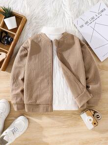 SHEIN 幼儿男童休闲百搭加厚连帽夹克运动衫，适合上学、花园、生日、春季、夏季、秋季、冬季、复古 - 卡其色 - 查看 1