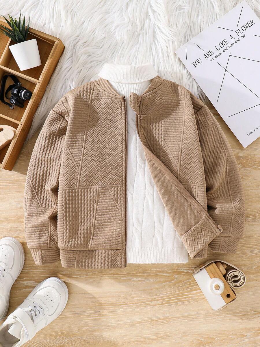 SHEIN 幼儿男童休闲百搭加厚连帽夹克运动衫，适合上学、花园、生日、春季、夏季、秋季、冬季、复古 - 卡其色 - 查看 1