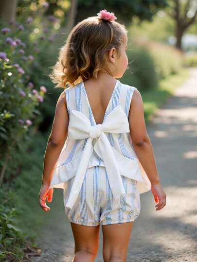 SHEIN Baby Girl Casual Comfy Round Neck Sleeveless Ruffle Trim Back Bow Decor Top & Shorts 2-Piece Set Back To School