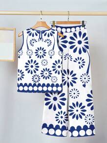 SHEIN Clasi 2pcs/Set Women Casual Flower Print Loose Round Neck Sleeveless Top And Pants Set, Summer Suitable For Going Out - Multicolor - View 2