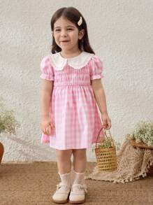 Blossori Baby Girls Countryside Style Pink Plaid Patchwork Collar Puff Sleeve Dress