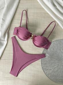 Swim Basics Solid Color Spaghetti Strap Underwire Top And Triangle Bottoms Ladies Summer Swimwear Set Pink Winter - Dusty Pink - View 1