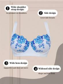 SHEIN Damen Große Größen 1 Stück weißer Drahtloser BH, sexy Mesh-Stickerei breiter Träger bequemer BH - Blau-Weiß - Übersicht 4