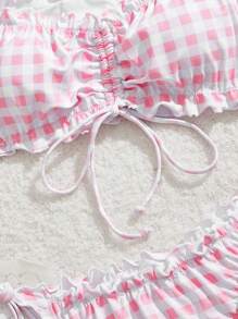 SHEIN MOD 1pc Ruffled Off Shoulder Top With Bowknot Triangle Bottom 2 Pieces Swimsuit, Pink, Cute, Kawaii - Pink - View 3