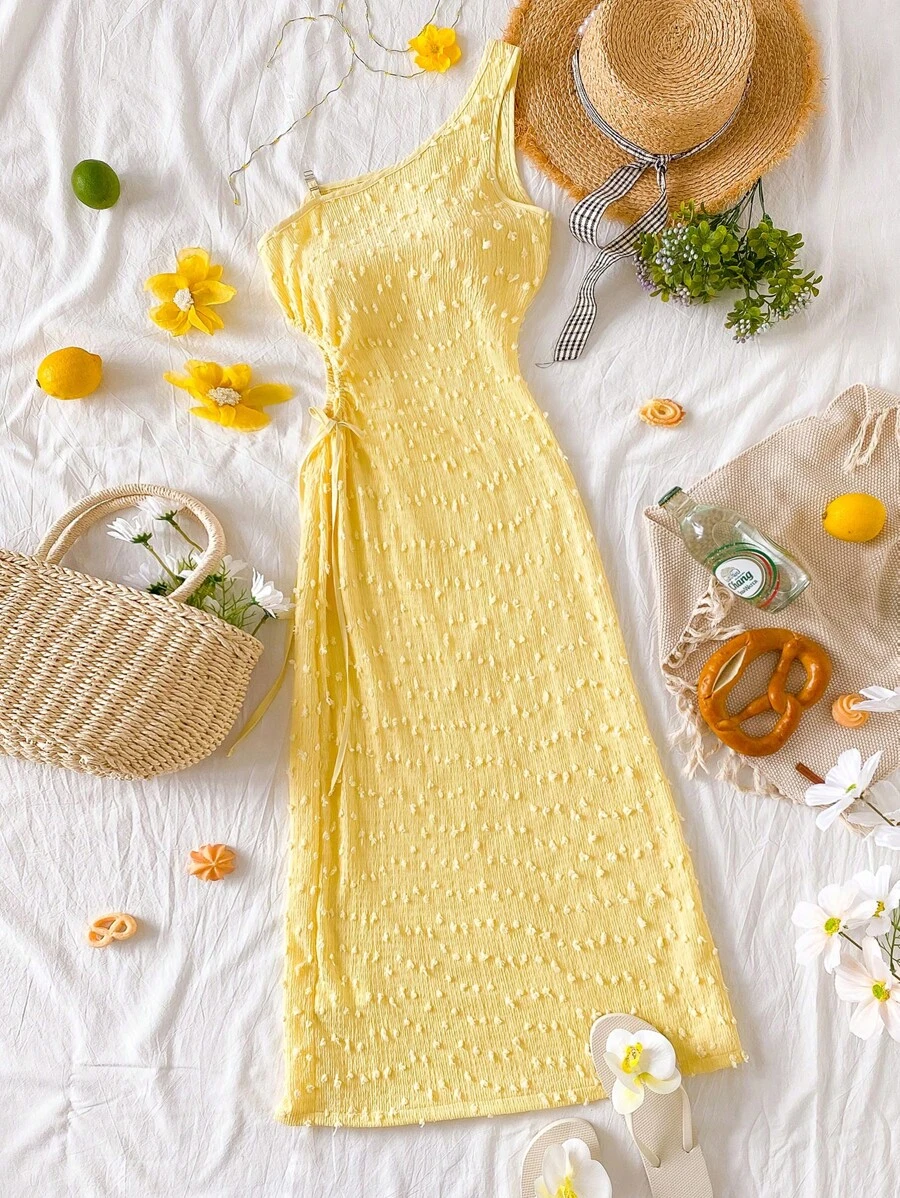 少女纯色不对称肩部抽绳休闲优雅夏装 - 彩色 - 查看 1