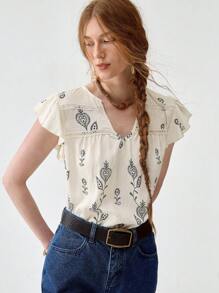 Florisole 波西米亚风盖袖V领蕾丝拼布休闲衬衫 - 杏色 - 查看 1