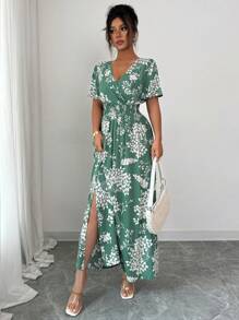 Elenzga Women's Elegant Beach Vacation Midi Dress, Shirred Neckline And Waist, Flared Sleeves, Side Slits, Suitable For Commuting, Afternoon Tea, Party, Spring/Summer - Green - View 3