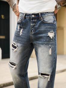 Manfinity Roughcore Men's Distressed Ripped Denim Jeans Casual Modern Style With Paint Splatter Detail And Zipper Fly - Blue - View 3