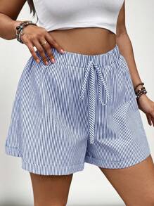 SHEIN VCAY Plus Size Elastic Waist Striped Casual Shorts - Blue - View 1