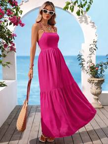 Vivid Eden Robe de vacances à fines bretelles avec dos nu et perles pour femmes - Rose bonbon - Voir 7