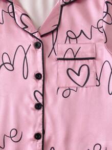 4pcs/Set Young Girl Heart Print Turndown Collar Faux Silk Casual Home Set With Shorts Satain Heart Print Pajamas Sets Girls Clothes Set Teen Girl Shirts Summer Sets Blind Box Pride