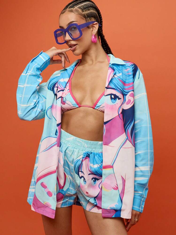 SUMWON WOMEN Anime Inspired Graphic Print Button Down Blouse