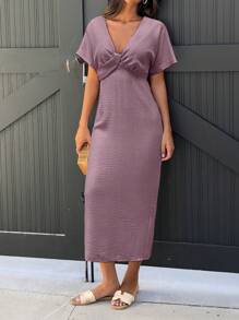 SHEIN LUNE Women's Elegant Solid Color Dress, Summer - Purple - View 5