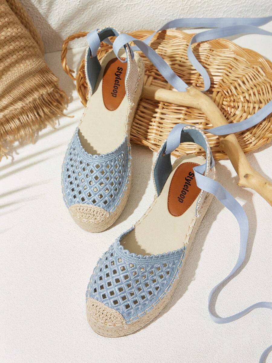 Styleloop 女式编织黄麻绳厚底坡跟一脚蹬鞋，波西米亚风格，适合音乐节、派对、休闲装 - 藍色 - 查看 1