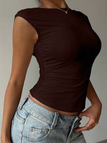 Aloruh Lace Patchwork Short Sleeve Sexy Back Cutout T-Shirt - Brown - View 5