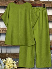 EMERY ROSE Plus Size Women Summer Solid Color Round Neck Batwing Short Sleeve Shirt And Wide Leg Pants Casual Two Pieces Set