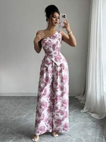 Elenzga Tuta elegante senza maniche con design a una spalla stampato