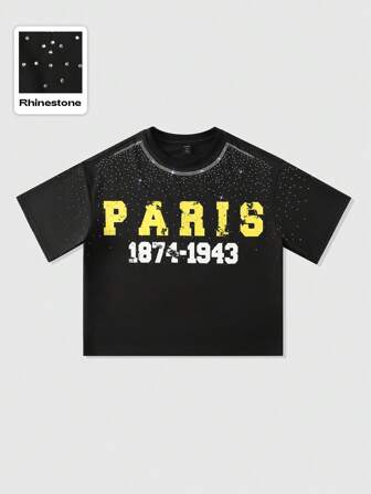 Street Life Maglietta crop top a maniche corte, larga, con grafica diamantata luccicante per uomo