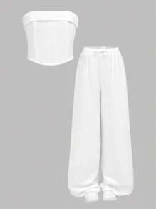 SHEIN Conjunto de 2 piezas de top de tirantes de color liso y pantalón largo informal para niñas preadolescentes