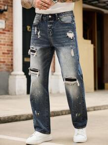 Manfinity Roughcore Men's Distressed Ripped Denim Jeans Casual Modern Style With Paint Splatter Detail And Zipper Fly - Blue - View 8
