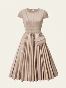 Teen Girls' Summer Casual Solid Color Pleated Hem Mini Dress - Brown - View 1