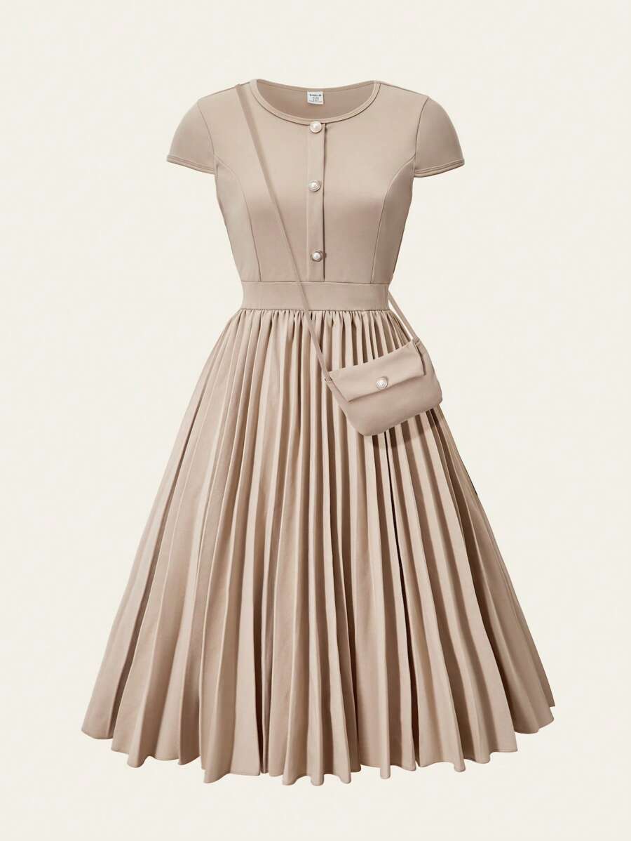 Teen Girls' Summer Casual Solid Color Pleated Hem Mini Dress - Brown - View 1