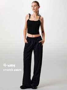 Fluxe Movishi 4-Way Stretch Women's Casual Solid Color Woven Pants With Mesh Panel, Loose Fit Low Waist Wide Leg