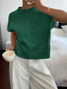 SHEIN Frenchy Blusa casual de punto de manga corta con cuello redondo y estampado floral para mujer - Verde Oscuro - Ver 1