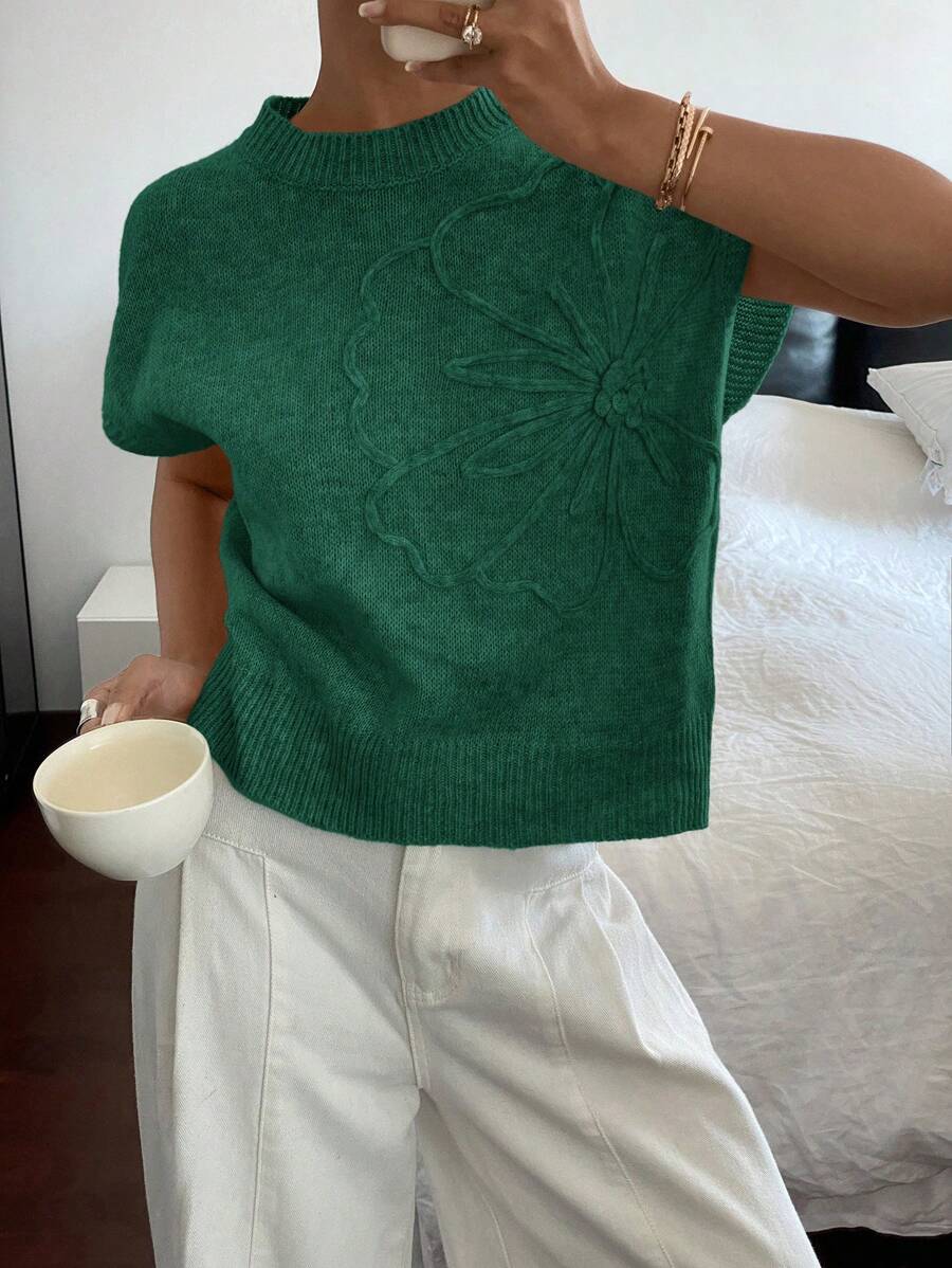 SHEIN Frenchy Blusa casual de punto de manga corta con cuello redondo y estampado floral para mujer - Verde Oscuro - Ver 1
