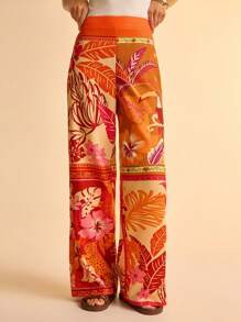 CAJUNI Women's Boho Tropical Coconut Tree, Parrot, Tropical Floral Orange Print, 4-Grid Square Scarf, Casual Beach Wide Leg Pants, Summer - Multicolor - View 2