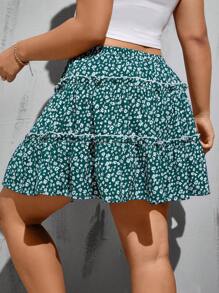 SHEIN Essnce 大码女装春夏时尚休闲宽松舒适日常松紧腰绿色碎花裙搭配短裤模仿暴露，女式下装，街头服饰，曲线可爱服装，女式短裙，女式度假服装，Y2k 服装，网球裙，欧洲夏季 - 綠色 - 查看 2