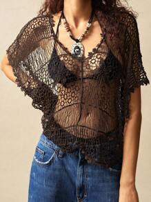 Bohemela 女士性感纯色镂空针织上衣，夏季 - 咖啡棕 - 查看 5