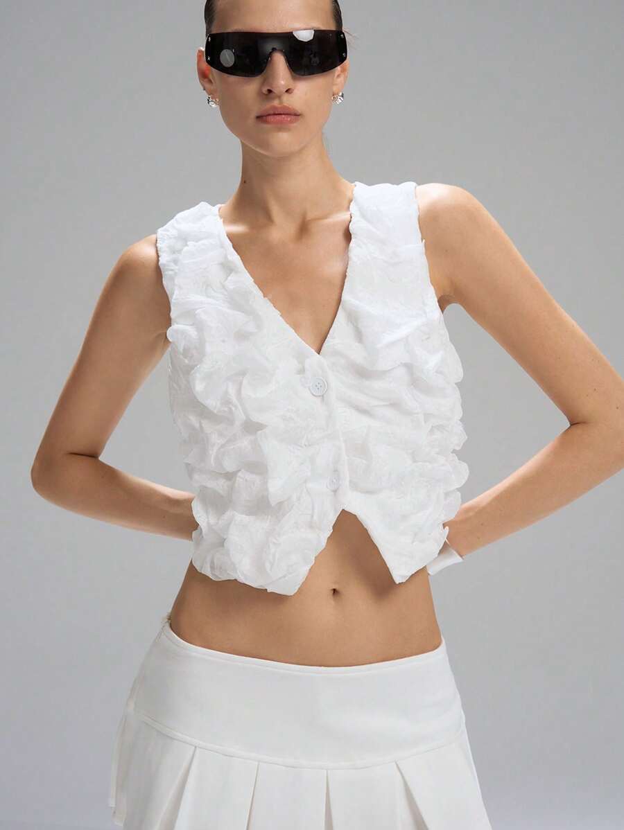 LYSMO Women's Solid Color Single Breasted V-Neck Cropped Bubble Top - White - View 1