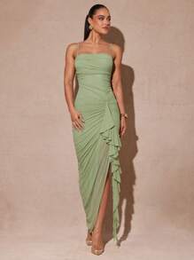 Silquee 夏季优雅浪漫绿色飘逸荷叶边开衩长裙和优雅女士蕾丝紧身派对礼服，适合情人节、约会之夜，鼠尾草绿 - 綠色 - 查看 3