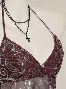 SHEIN ICON Women's Sexy Y2K Sequin Mesh Open Back Halter Neck Top - Coffee Brown - View 8