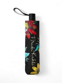 Frida Kahlo X SHEIN 1 pieza Paraguas con estampado floral de artista, con recubrimiento adhesivo negro antisolarde talla grande de 50 de protección UV, apto para la escuela, el trabajo, salir y uso diario, diseñado para estudiantes universitarios, estudiantes de secundaria y mujeres, floral, artístico, elegante
