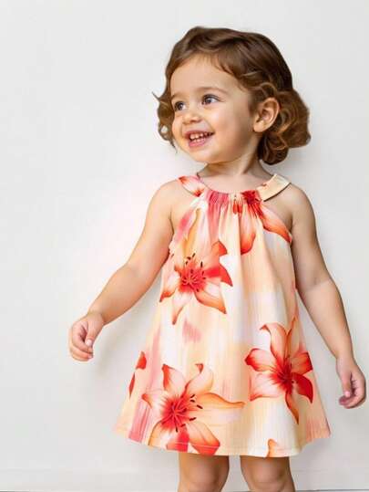 SHEIN Playful Pals Floral Printed Halter Neck Camisole Dress For Baby Girls. New Products For Spring, Autumn And Summer Are Now On The Market. It Is Comfortable, Stylish, Cute, Sweet, Elegant, Casual And Suitable For Vacations. It Is A Must-Have For Daily Wear Toddler Floral Dress Vvacavacation