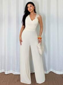 Selianne 女士休闲夏季度假/通勤优雅简约不对称肩带设计连体裤 - 杏色 - 查看 3